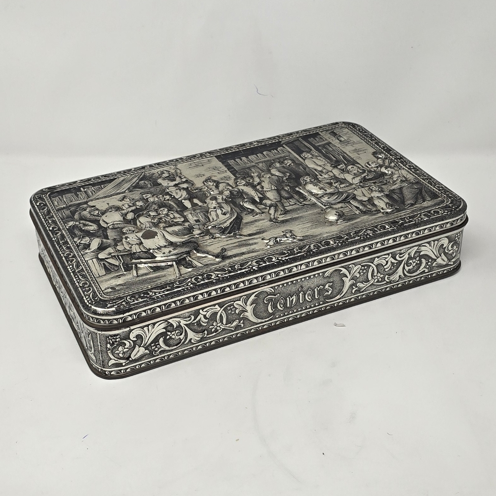 Vtg‎ Teniers 3D tin box dancing socializing florentine biscuit cookie box